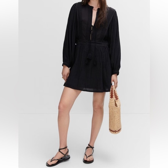 MNG black tie up front Roman dollman sleeves elastic waist Boho dress Sz L - Picture 15 of 15